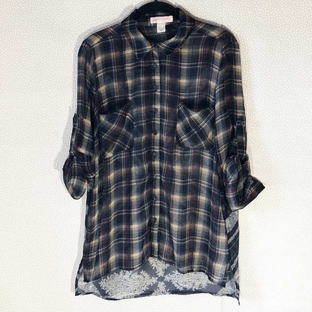 Band of Gypsies Plaid & Damask Sheer Button Up